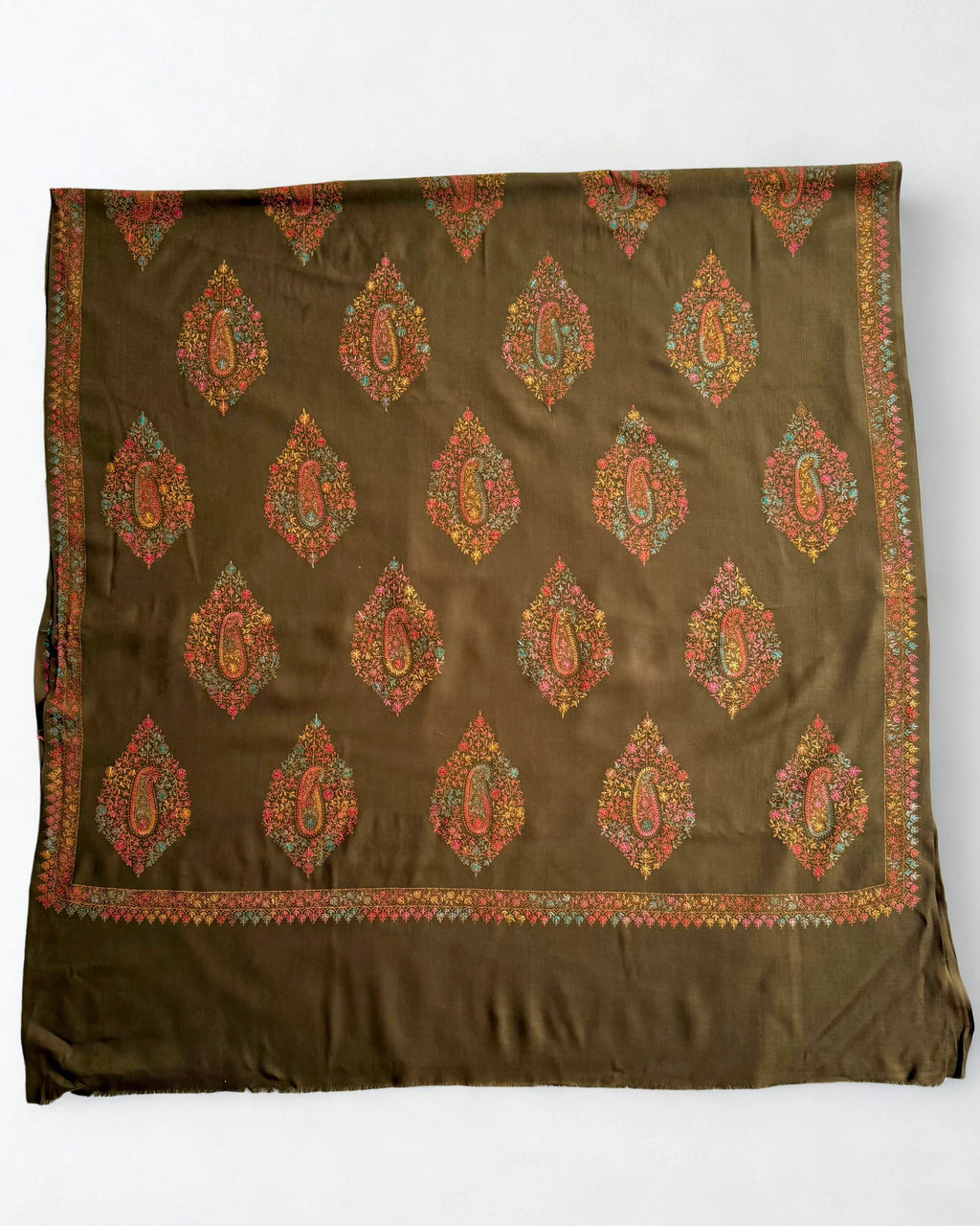 Pure Kashmiri Pashmina handwoven shawl in olive brown, view 4