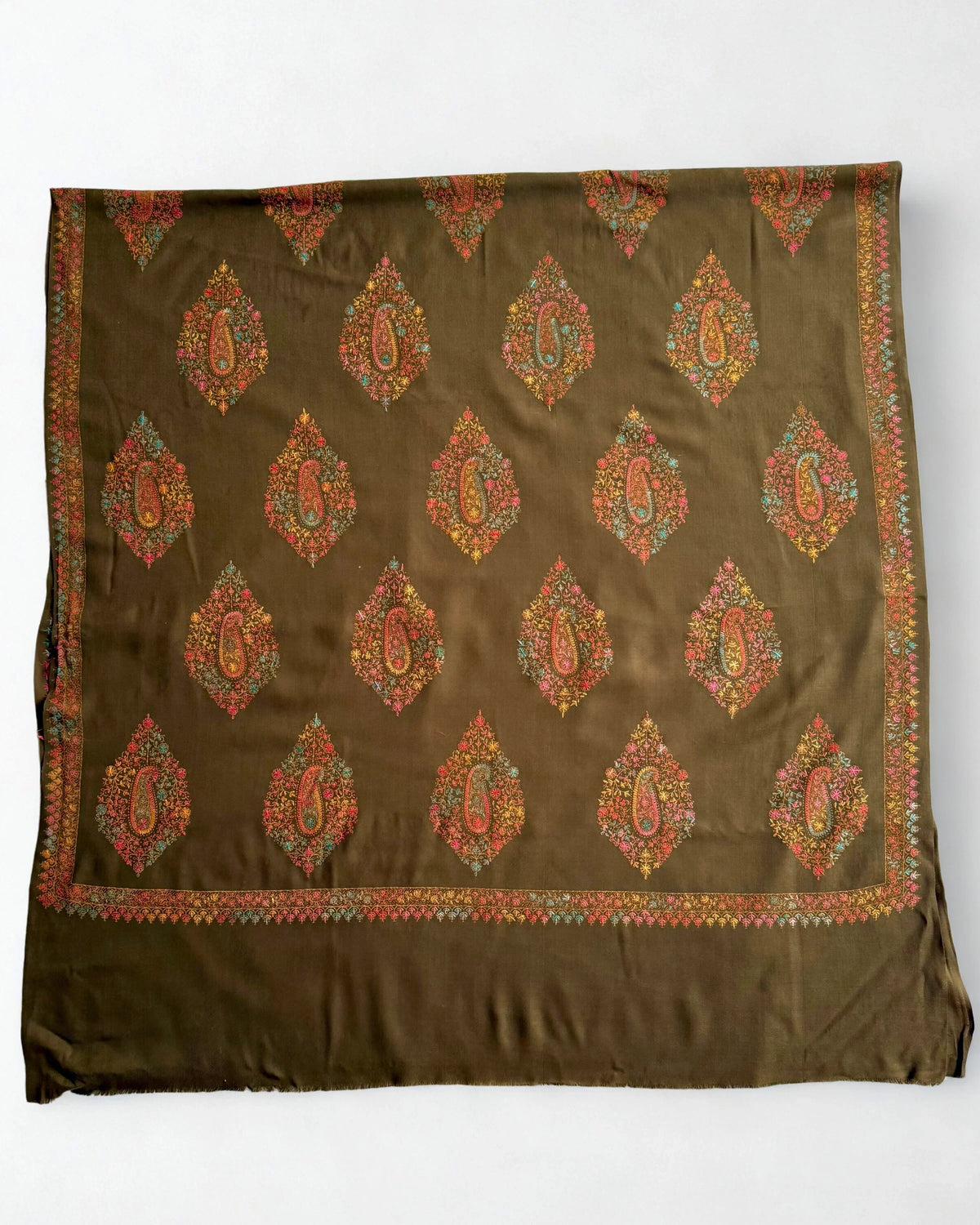 Pure Kashmiri Pashmina handwoven shawl in olive brown, view 4