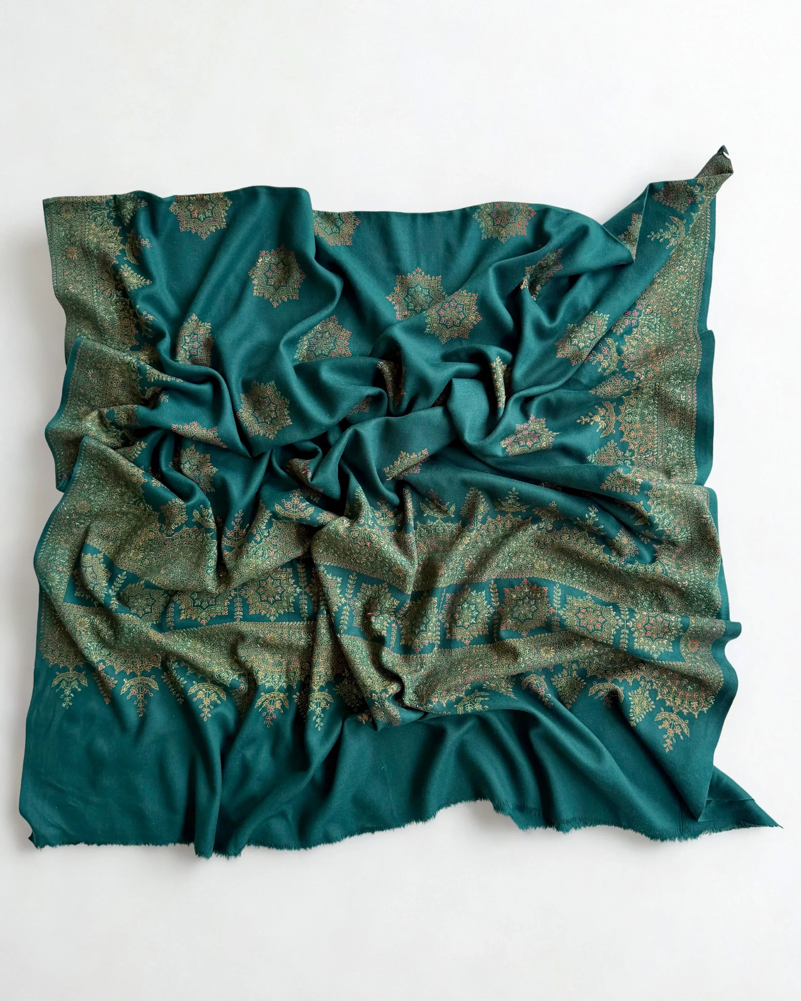 Pure Kashmiri Pashmina handwoven shawl in peacock blue, view 4