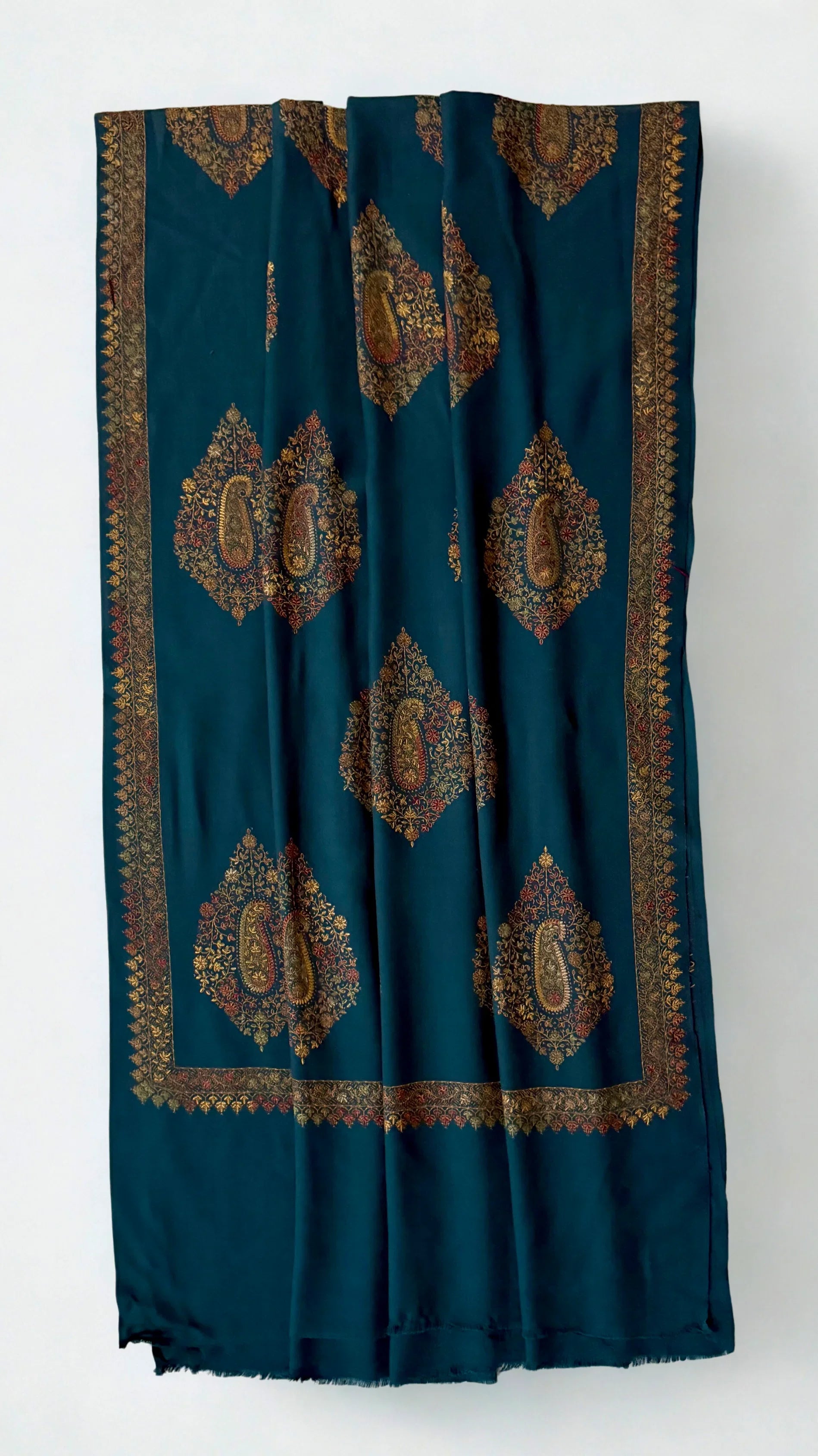 Kashmiri Pashmina fully embroidered shawl in peacock blue, view 2