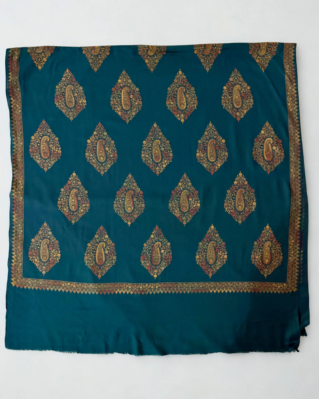 Kashmiri Pashmina fully embroidered shawl in peacock blue, view 3