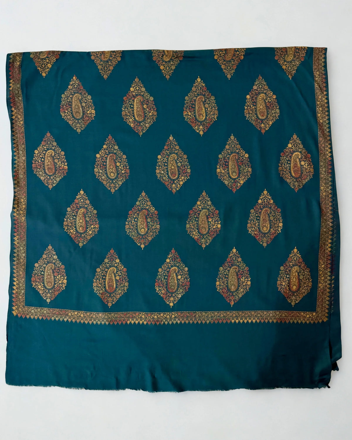 Kashmiri Pashmina fully embroidered shawl in peacock blue, view 3