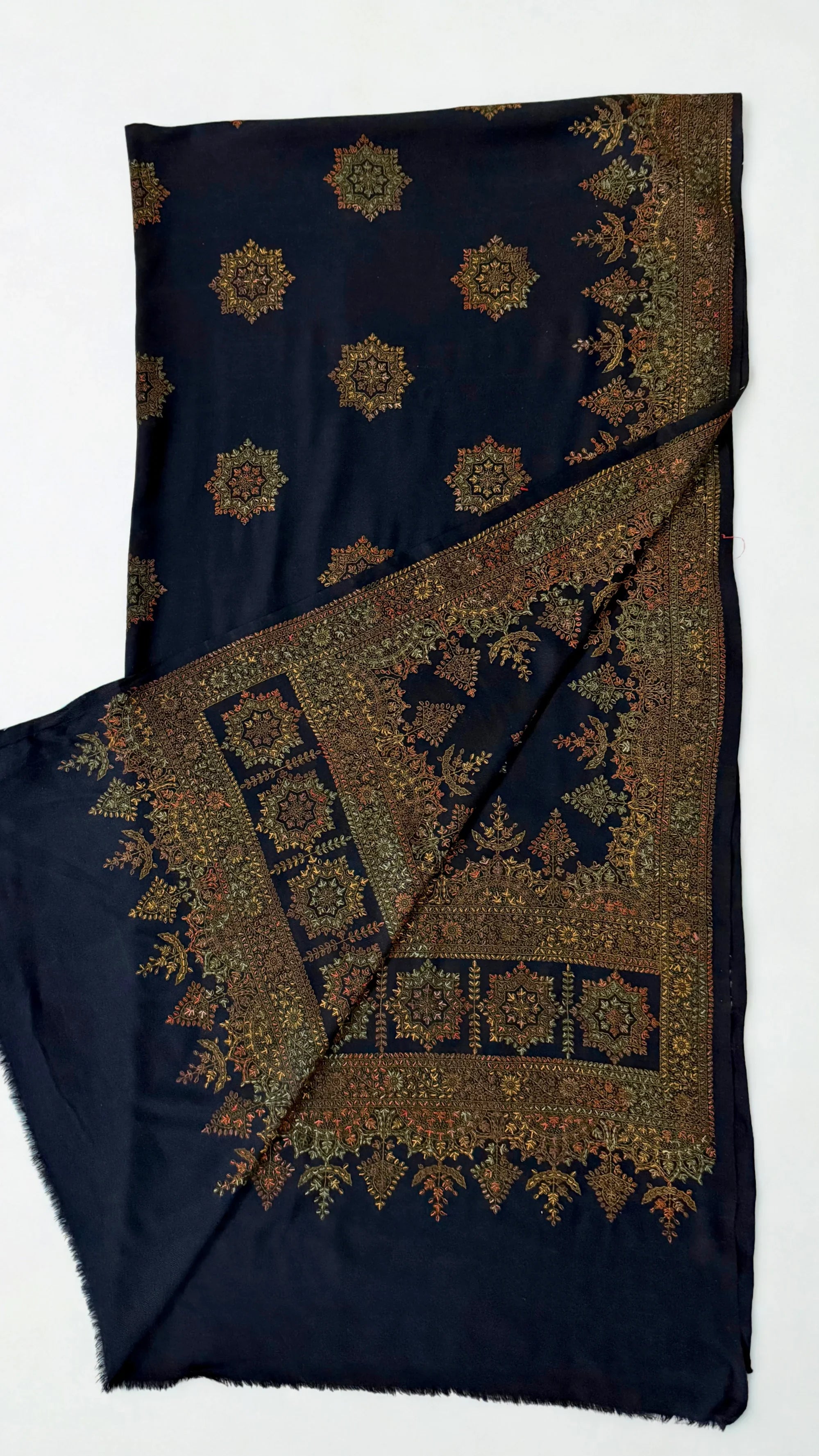 Pure Kashmiri Pashmina fully embroidered shawl in dark blue
