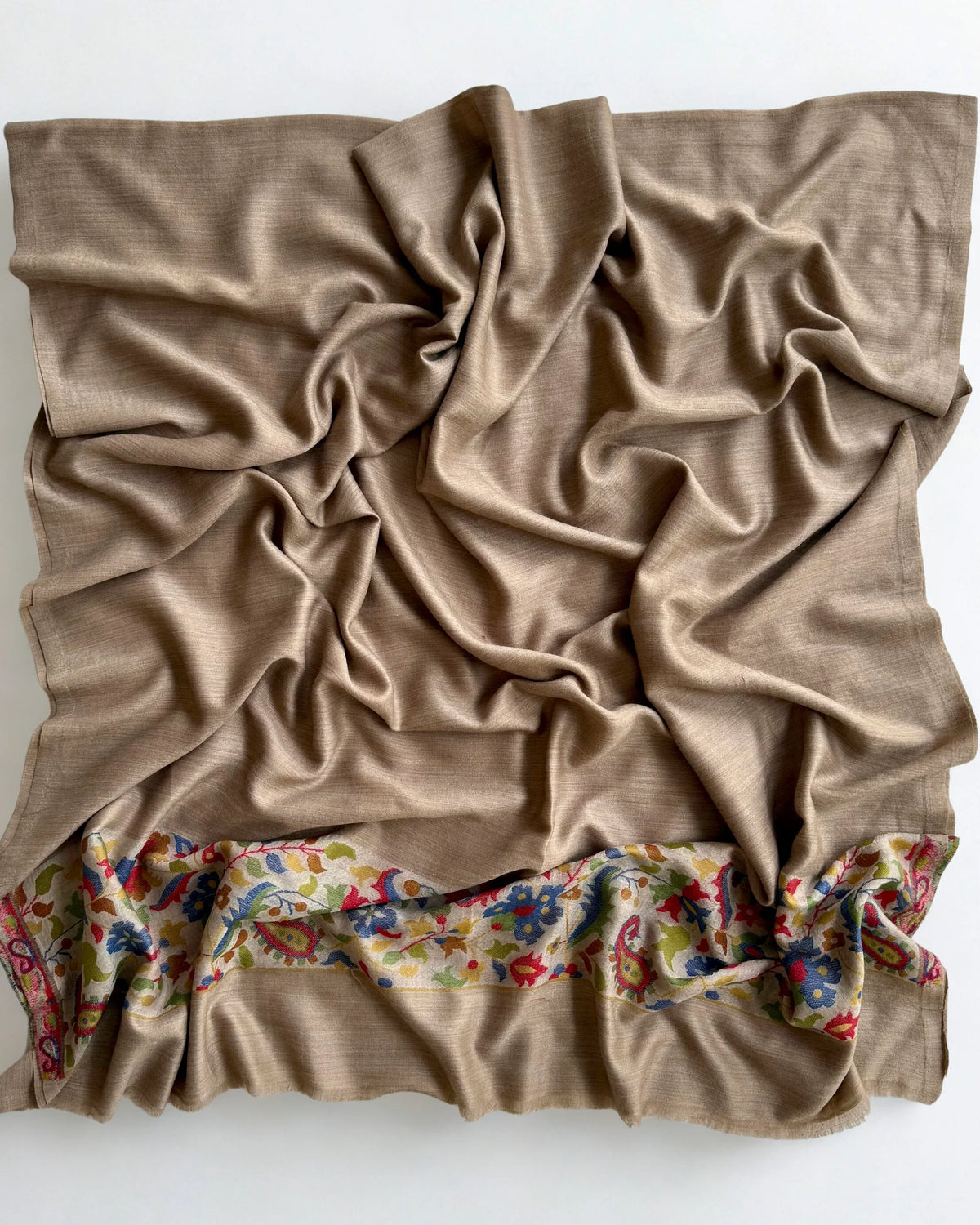 Fine Pashmina Palladar shawl in light brown, handwoven pashmina ring shawl, view 5