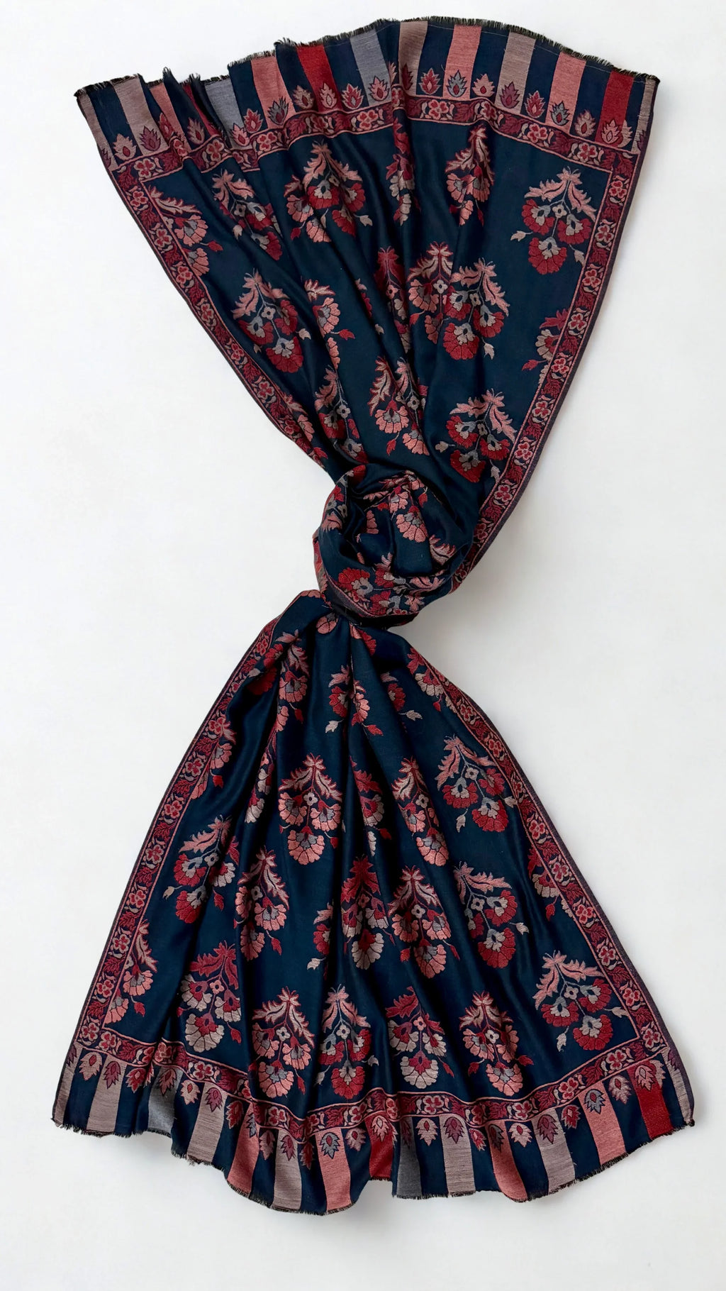 Pure Kashmiri Pashmina Kani shawl in navy blue, handwoven Kani pashmina, view 6