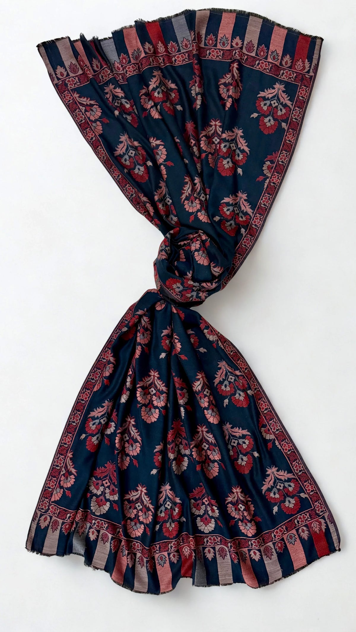 Pure Kashmiri Pashmina Kani shawl in navy blue, handwoven Kani pashmina, view 6