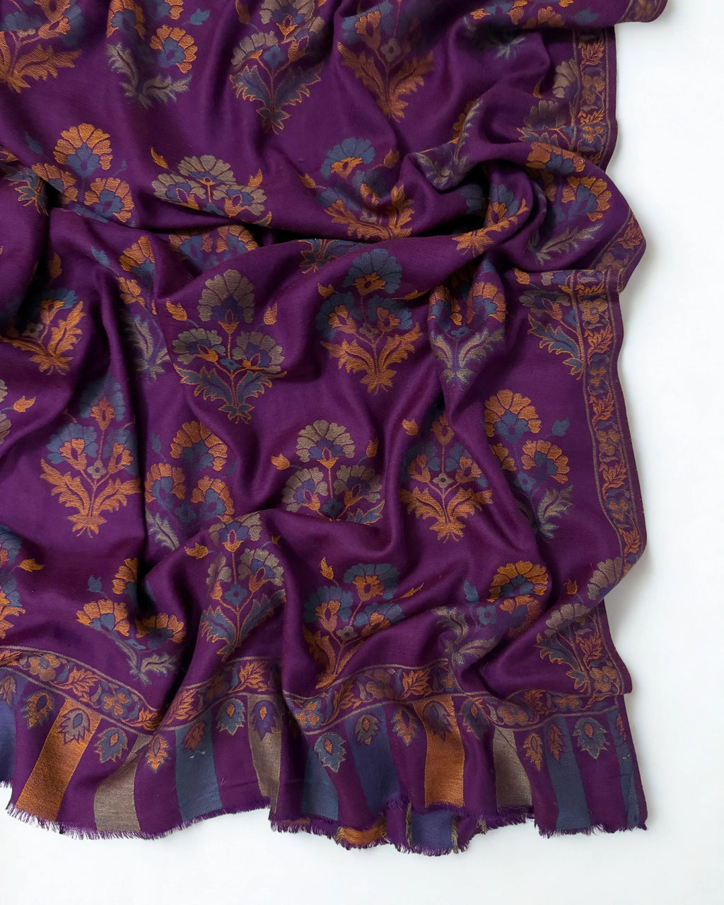 Pure Kashmiri Pashmina Kani shawl in deep magenta, handwoven Kani pashmina
