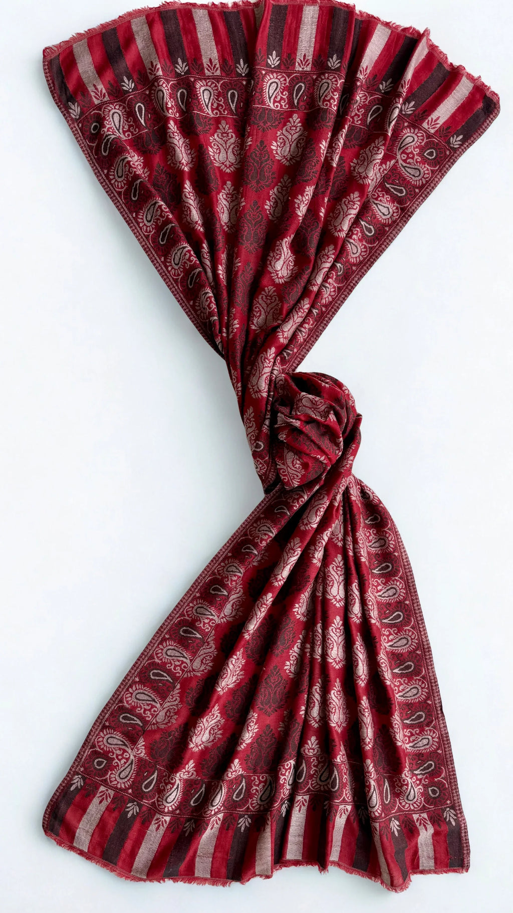 Fine Pashmina Ring shawl in red and white, handwoven pashmina ring shawl, view 6