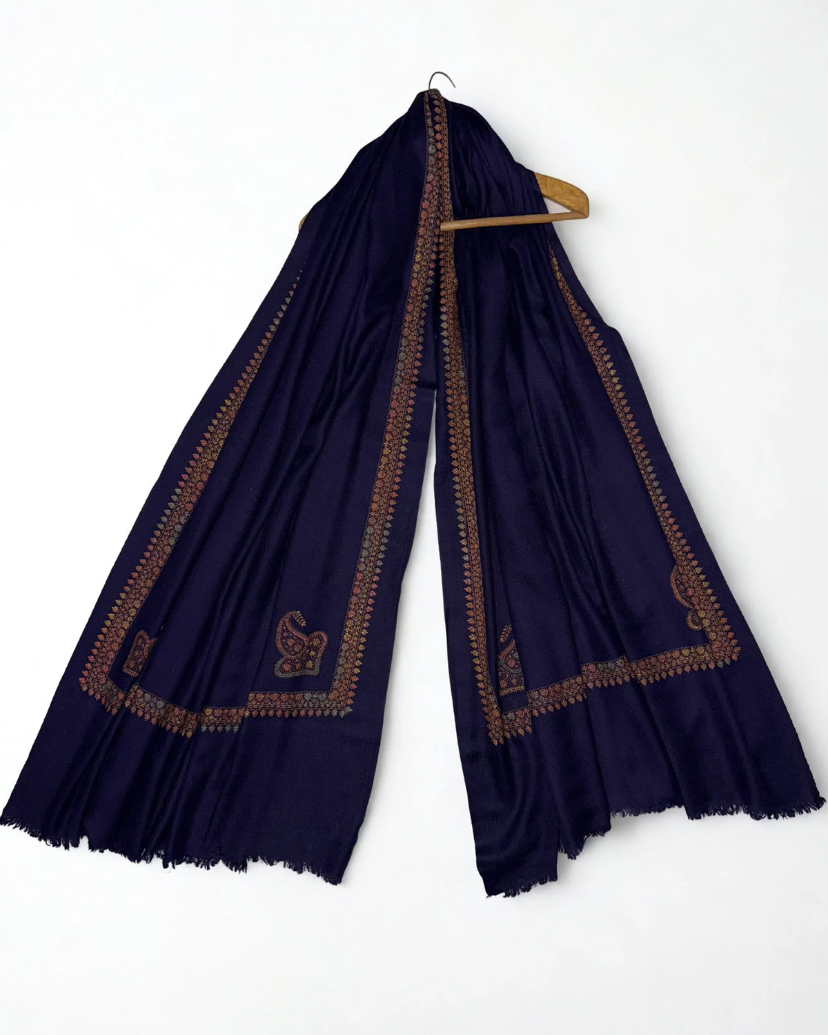 Swati Shahtoosh embroidered shawl in dark blue, hand-embroidered Swati pashmina