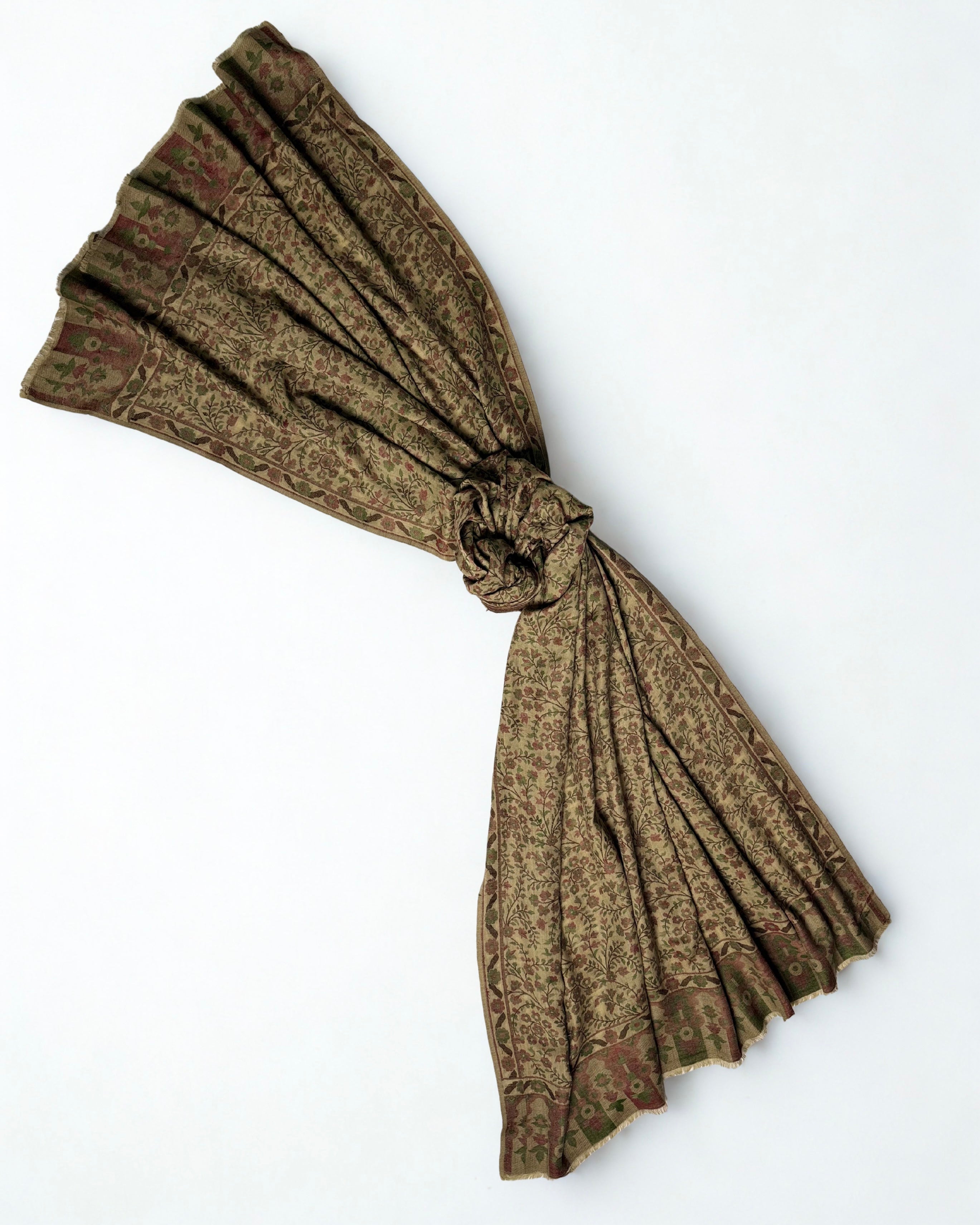 Antique gold Kani pashmina shawl laid flat, all-over rose and olive flowering vine field with a deep arched end panel