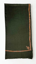 Forest green Swati Shahtoosh shawl folded lengthwise, rose and gold hand-embroidered border with a paisley corner buta