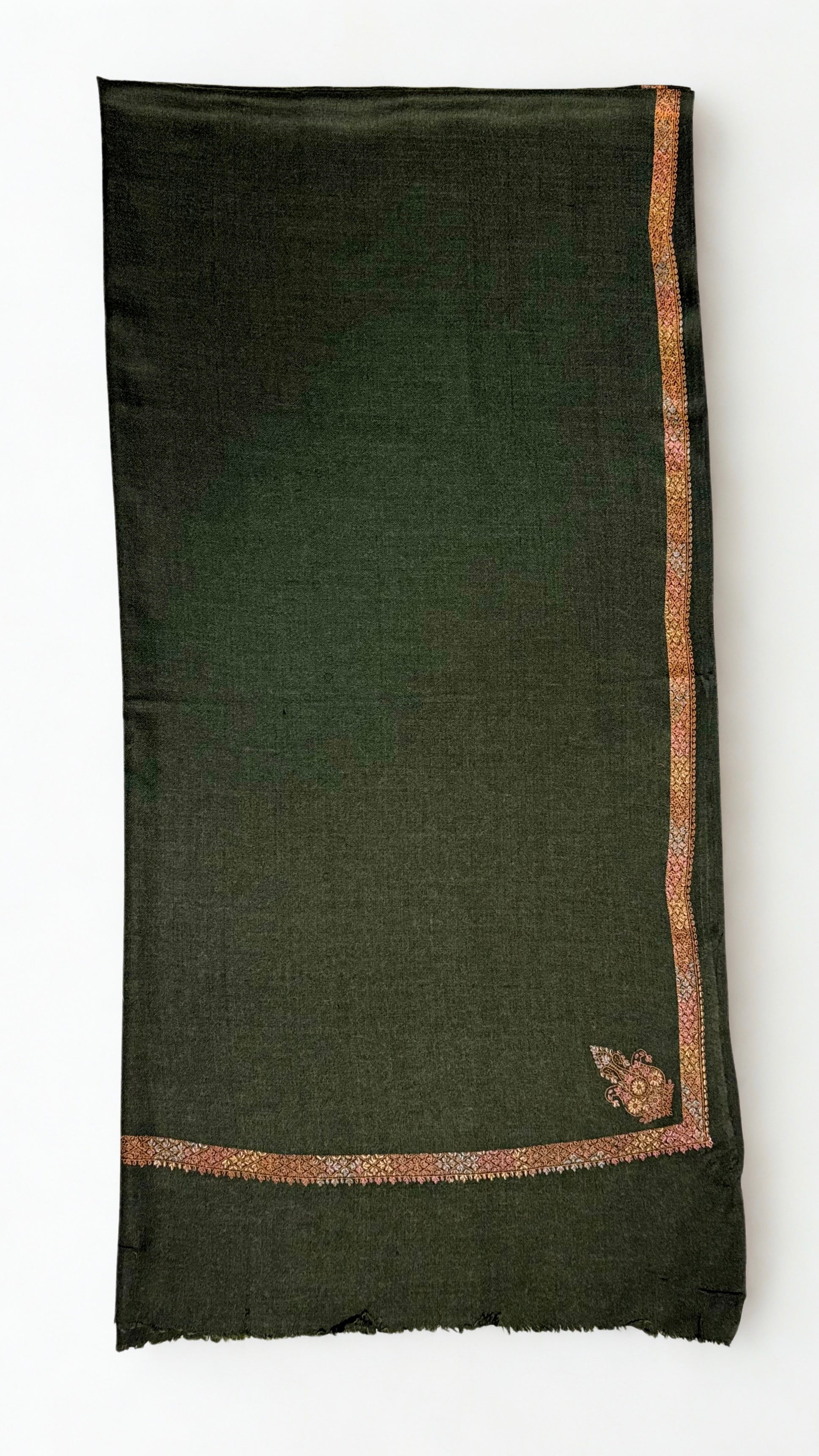 Forest green Swati Shahtoosh shawl folded lengthwise, rose and gold hand-embroidered border with a paisley corner buta