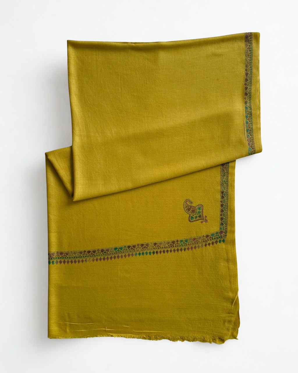 Close view of the fine sozni leaf-and-vine border in rust, teal and rose on a mustard gold pashmina ground