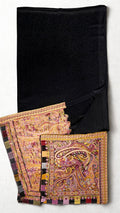 Black ek rukh pashmina ring shawl gathered in soft folds, self-woven paisley ground meeting a broad rose and gold paisley end panel
