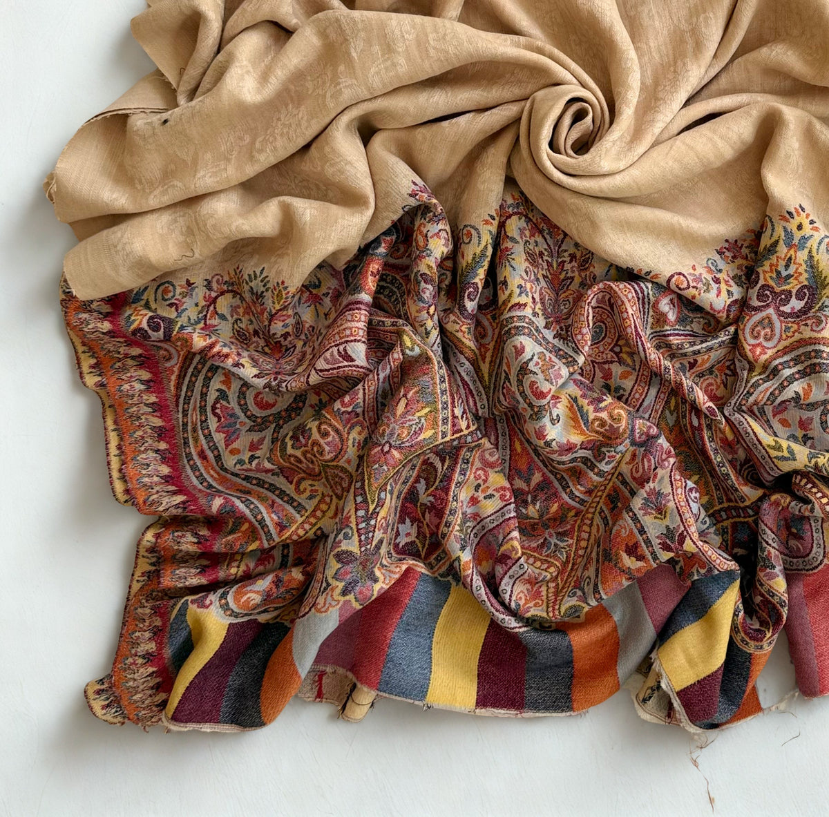 Broad coloured stripes closing the edge of the sand pashmina shawl