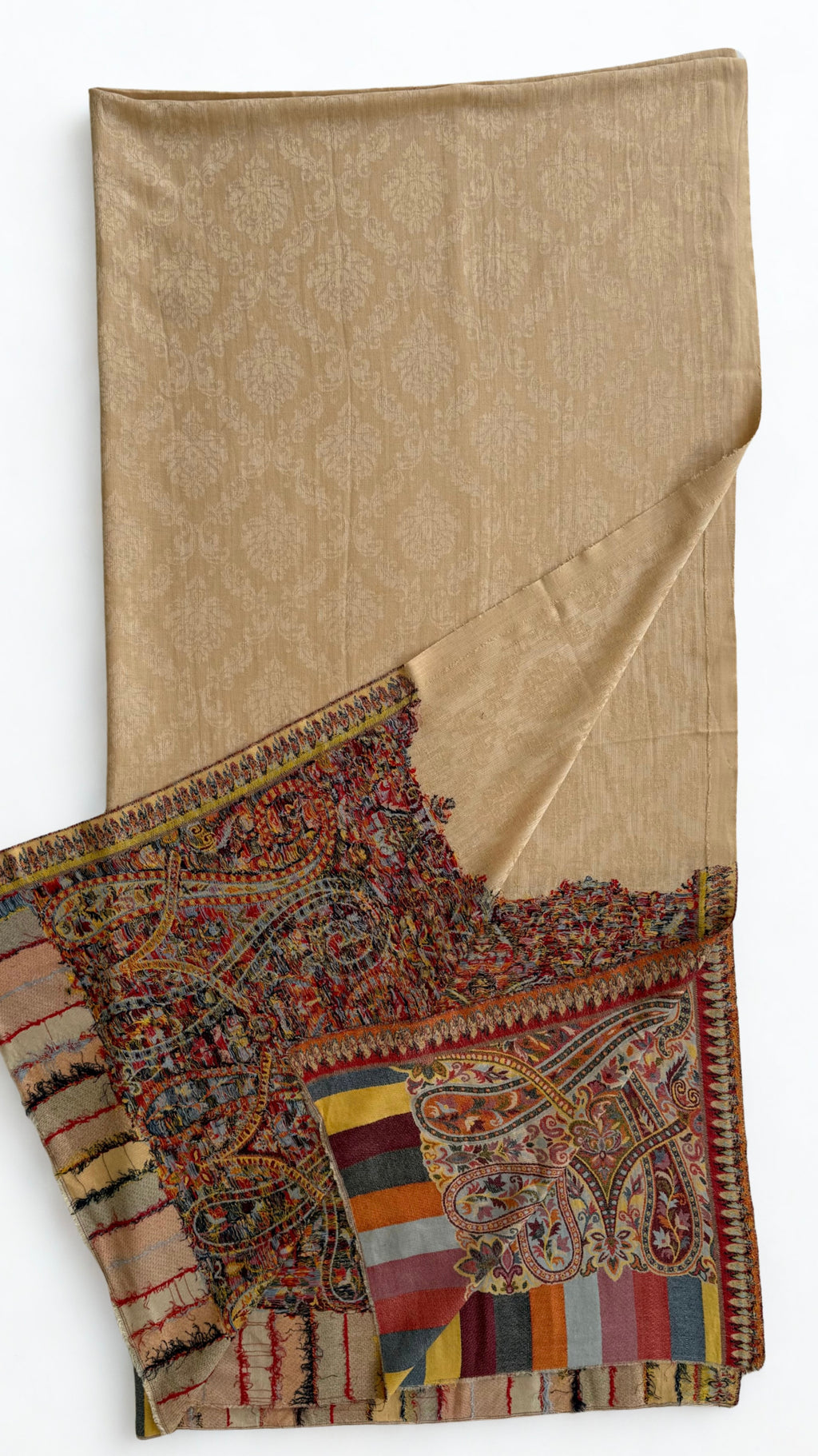 Sand fine pashmina ek rukh ring (Palladar) shawl with multicolour paisley end panels, draped