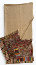 Sand fine pashmina ek rukh ring (Palladar) shawl with multicolour paisley end panels, draped