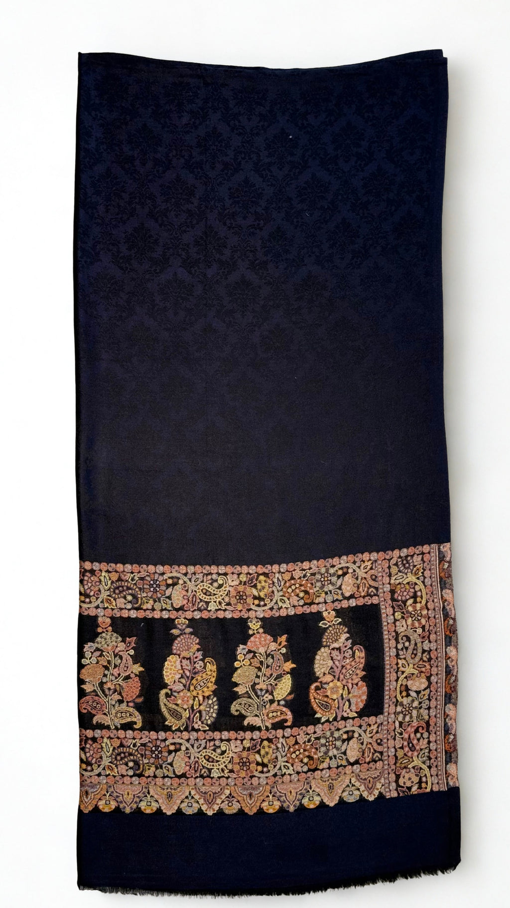 Navy fine pashmina ek rukh ring (Palladar) shawl with framed antique paisley end panel, laid flat