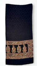 Navy fine pashmina ek rukh ring (Palladar) shawl with framed antique paisley end panel, laid flat