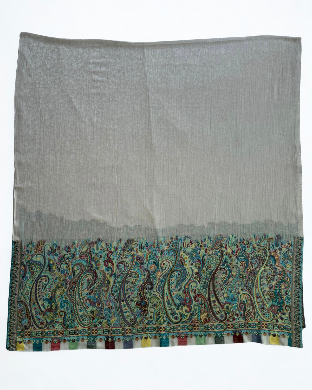 Detail of the paisley border and the fine floral band above it on the grey ground