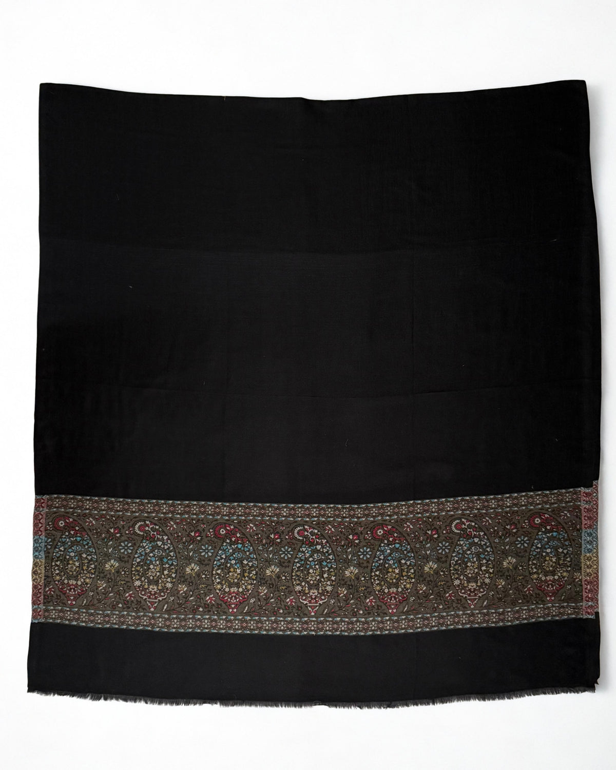 Black Palladar shawl on a wooden hanger, both olive bands visible