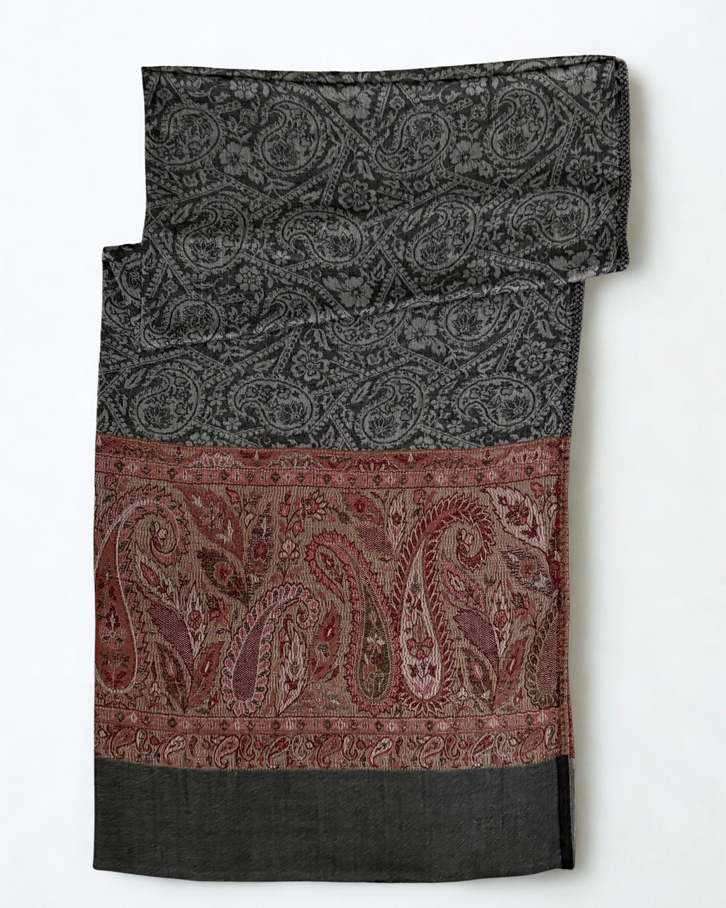 Charcoal Palladar shawl on a wooden hanger showing both rose borders and the plain end panels