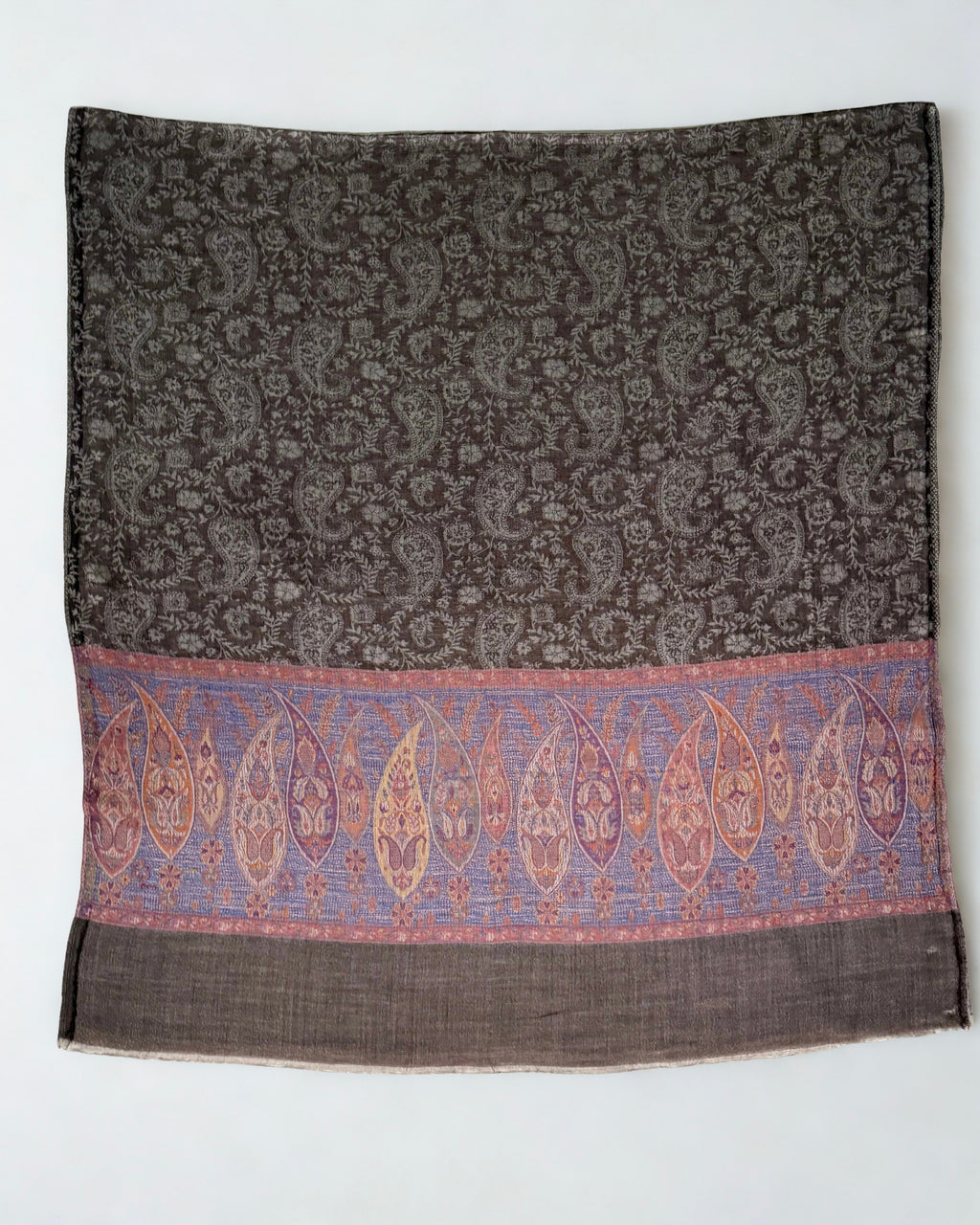 Cocoa Palladar shawl on a wooden hanger showing both bands and the plain taupe ends