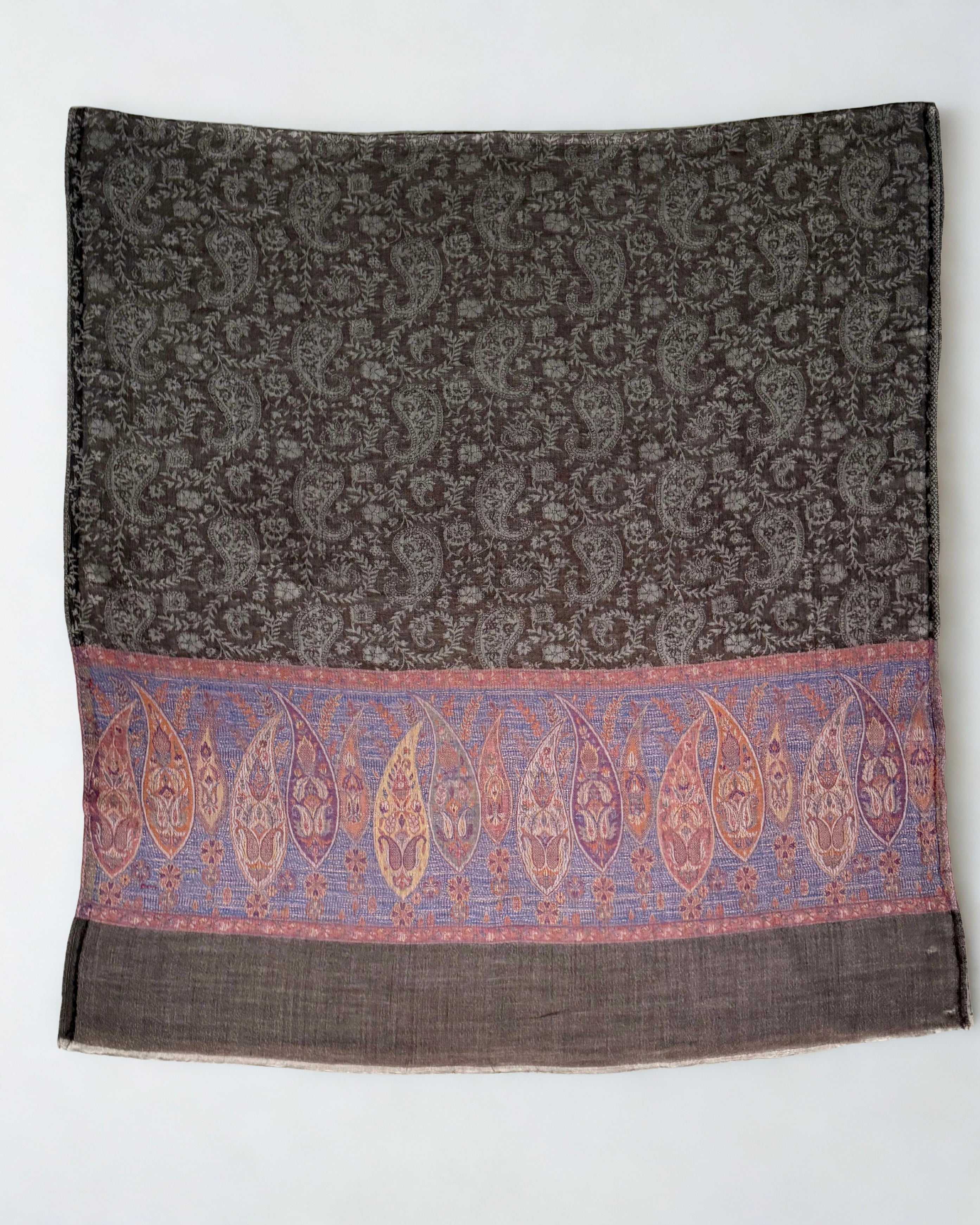 Cocoa Palladar shawl on a wooden hanger showing both bands and the plain taupe ends