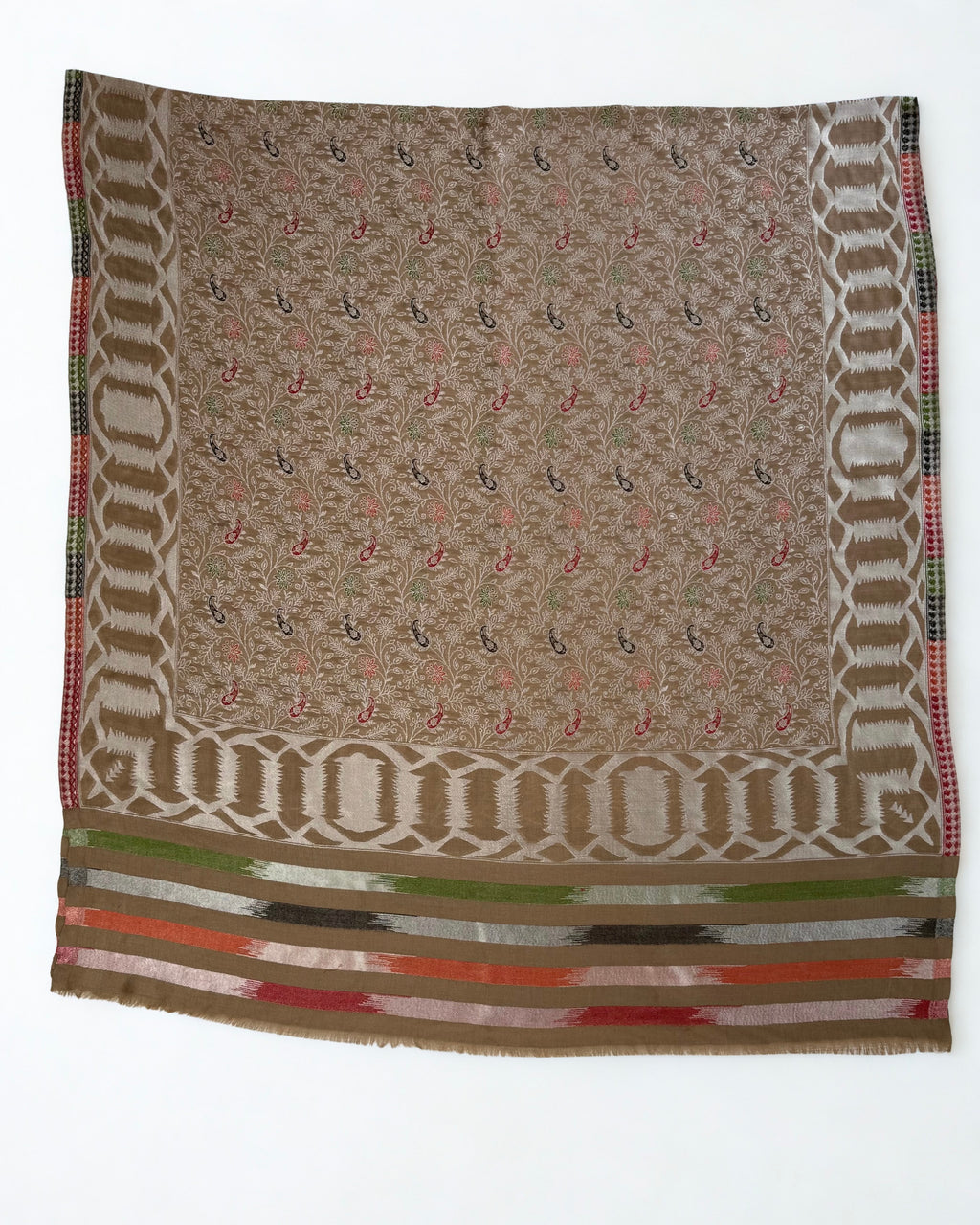 Full shawl laid flat, patterned edge to edge and framed by silver cartouche borders on all four sides