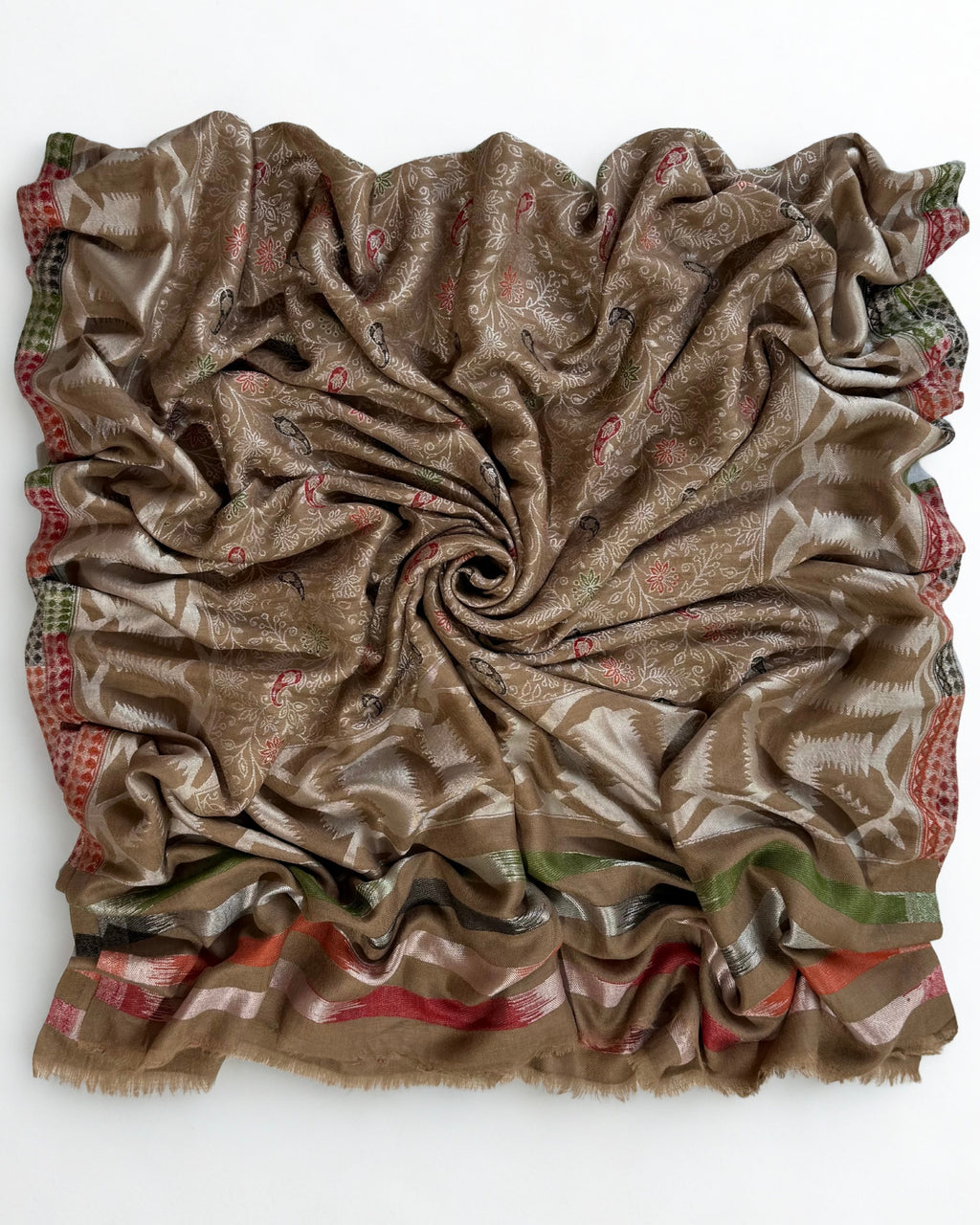 End panel of the taupe jamawar shawl with striped bands and fringed edge