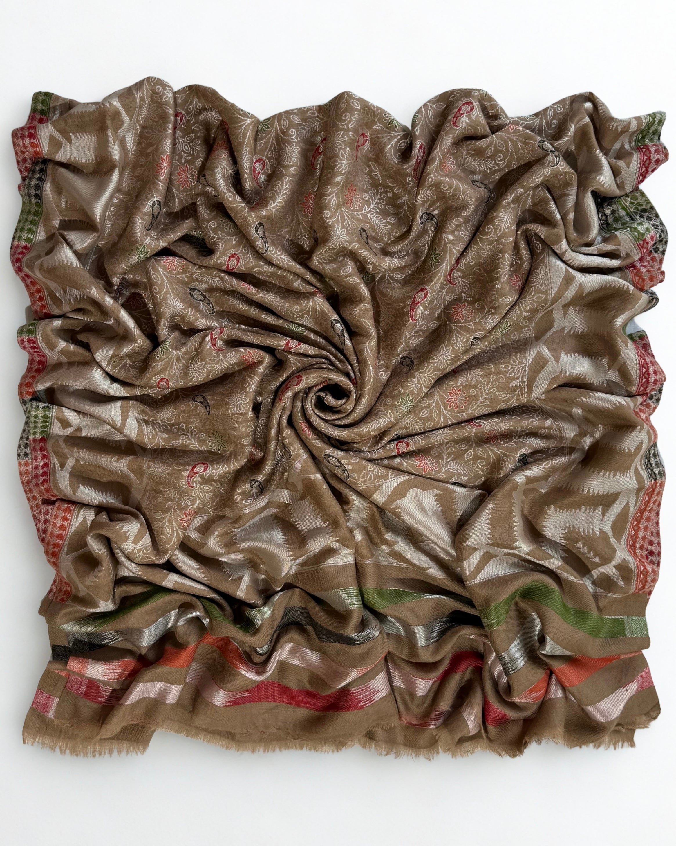 End panel of the taupe jamawar shawl with striped bands and fringed edge