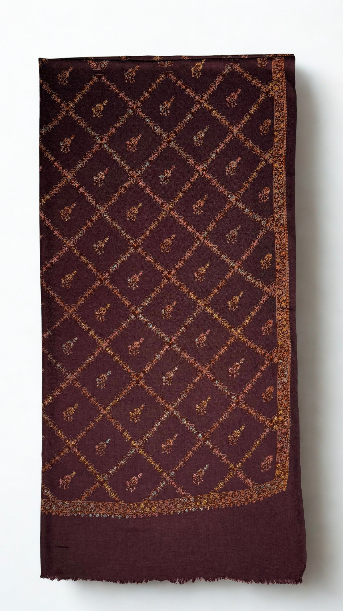 Wine Swati Shahtoosh shawl folded full length, hand-embroidered copper jaal across the whole field
