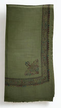Olive green Swati Shahtoosh shawl folded flat, showing the corner paisley and hand-embroidered border