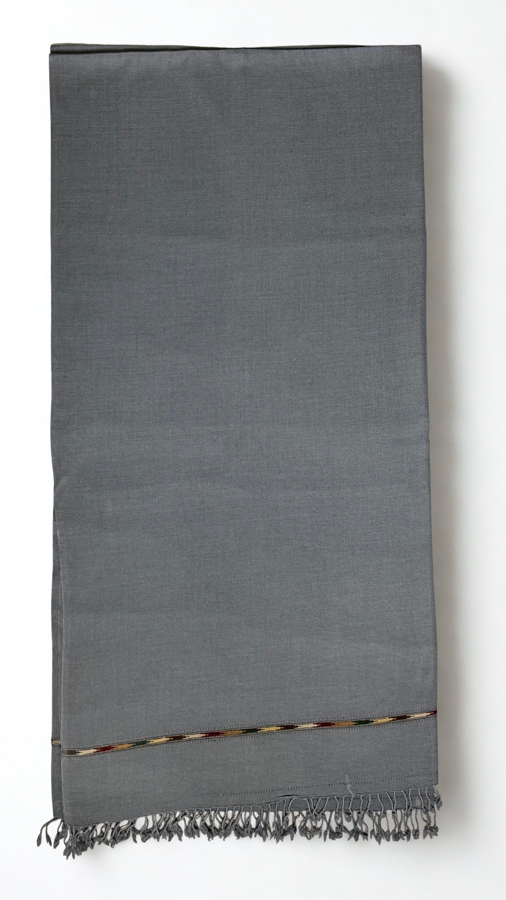 Grey men's Swati pashmina shawl folded flat, approx. 45 by 90 inches with a fringed end