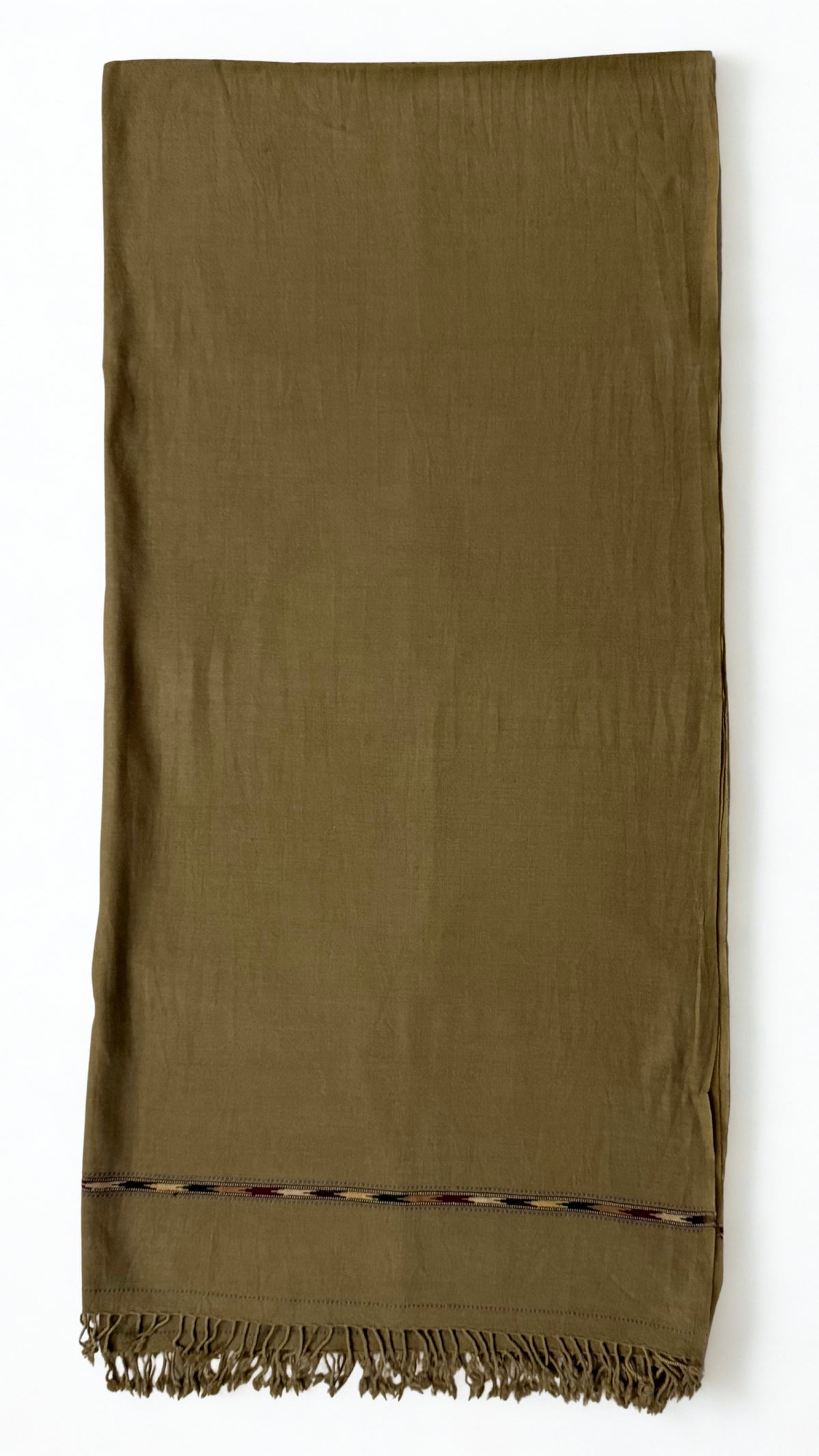 Brown men's Swati pashmina shawl folded flat, approx. 45 by 90 inches with a fringed end