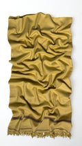 Olive gold men's Swati pashmina shawl laid out full length, plain 64-count wool weave