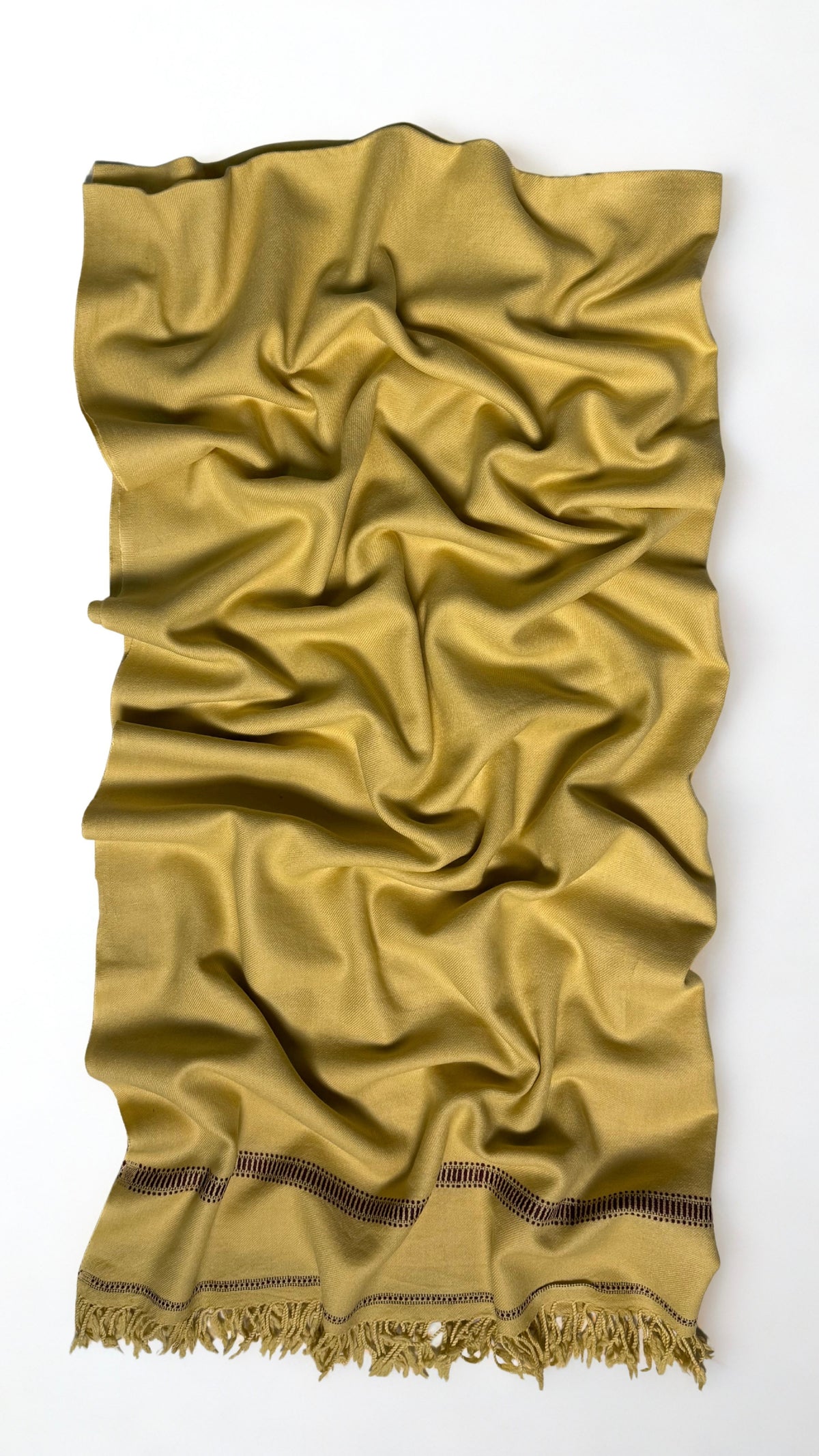 Olive gold men's Swati pashmina shawl laid out full length, plain 64-count wool weave
