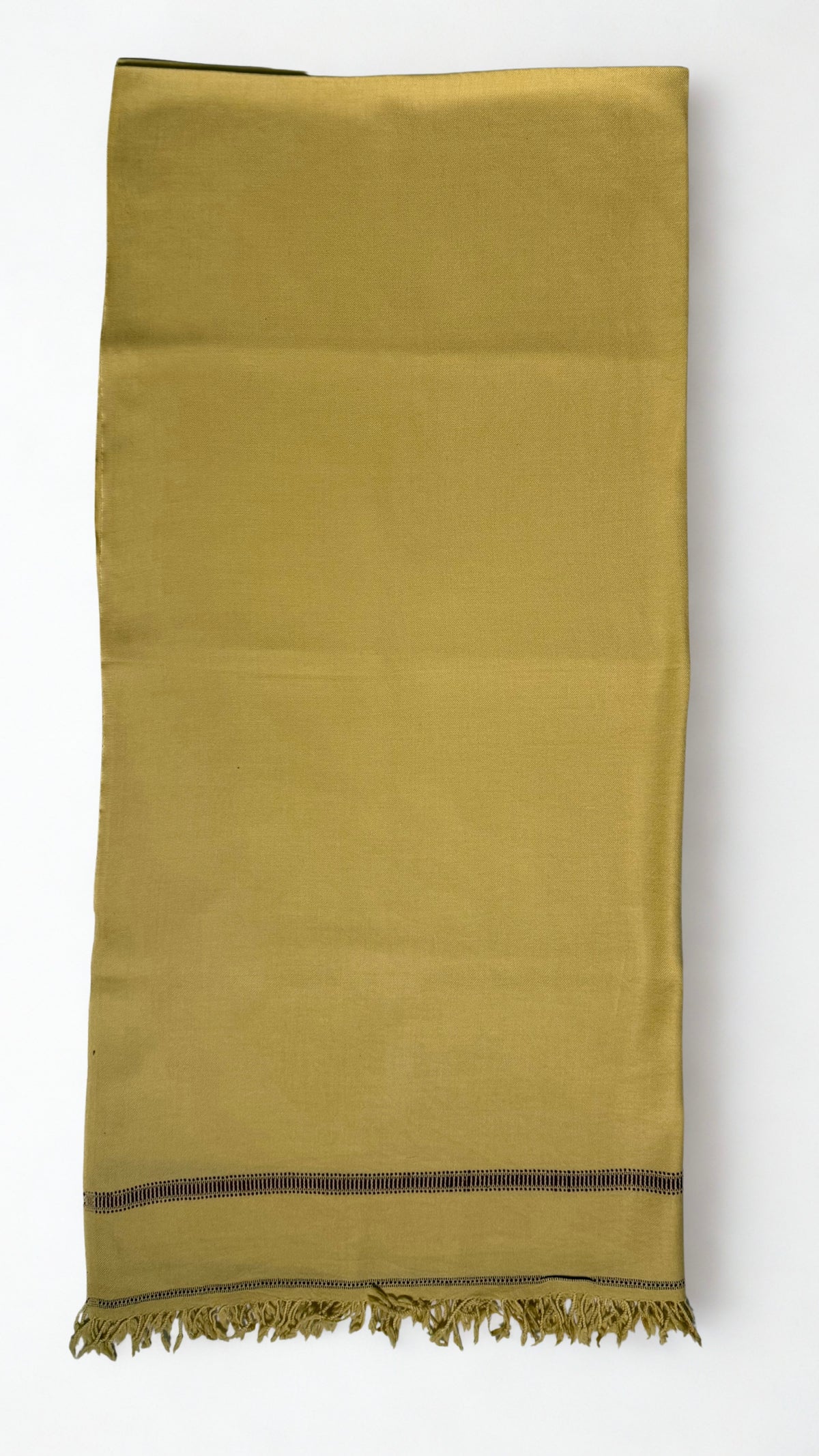 Olive gold men's Swati pashmina shawl folded flat, approx. 45 by 90 inches with a fringed end