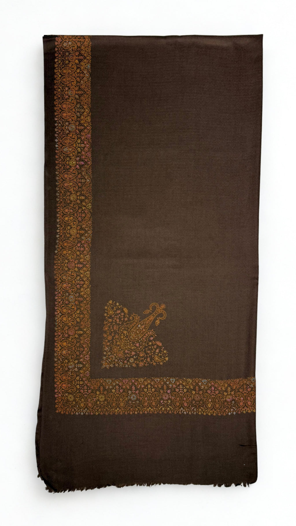 Espresso brown Swati Shahtoosh shawl with a wide hand-embroidered paisley border in antique gold and copper