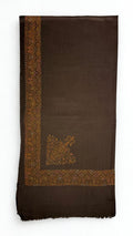 Espresso brown Swati Shahtoosh shawl with a wide hand-embroidered paisley border in antique gold and copper