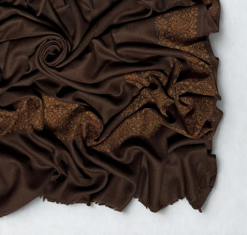 Espresso brown Swati Shahtoosh shawl, the hand-embroidered paisley border running along the edge with a row of upright buta at the end