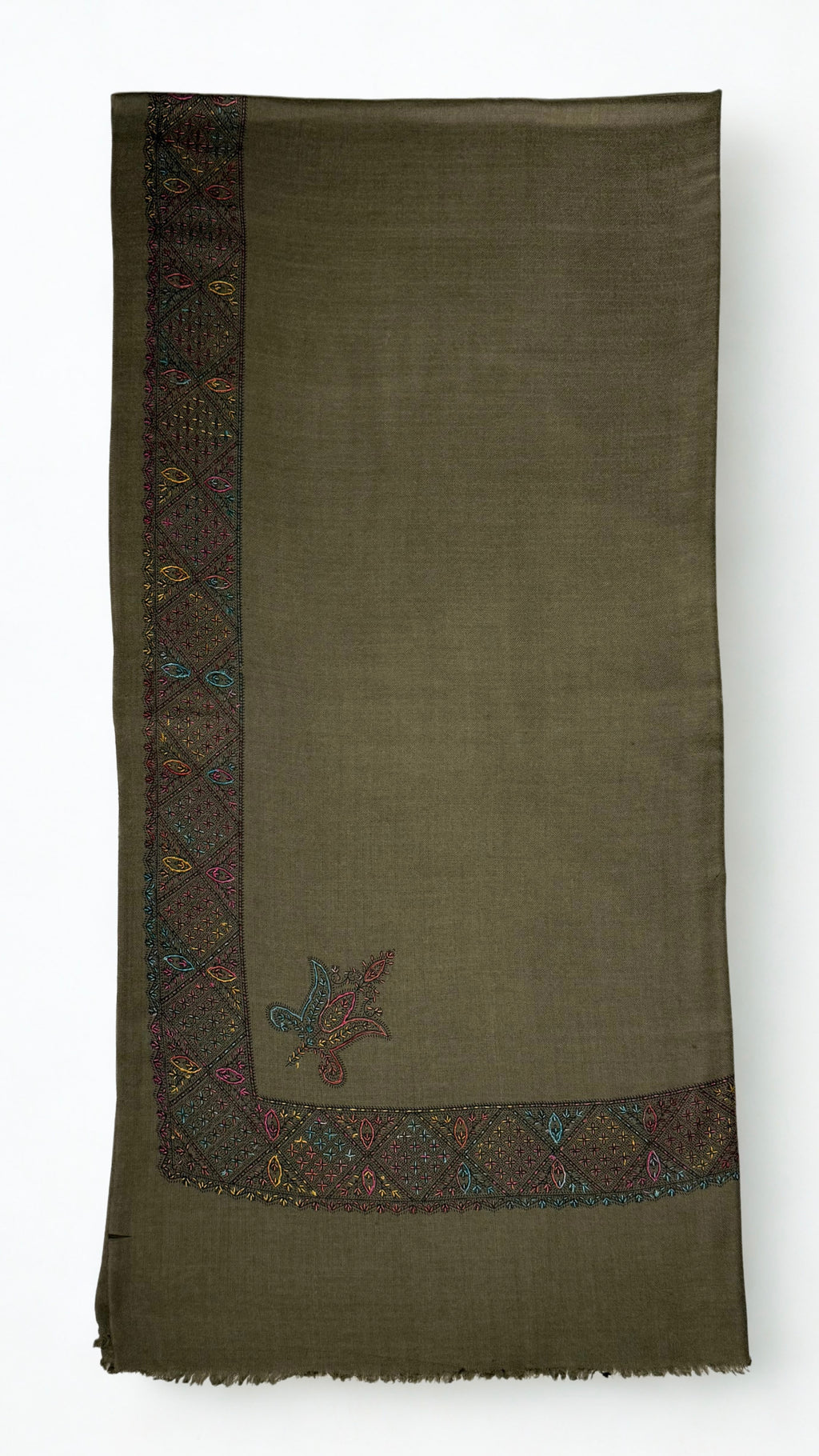 Olive brown Swati Shahtoosh shawl folded flat, the hand-embroidered lattice border running down one edge with a paisley buta on the plain field