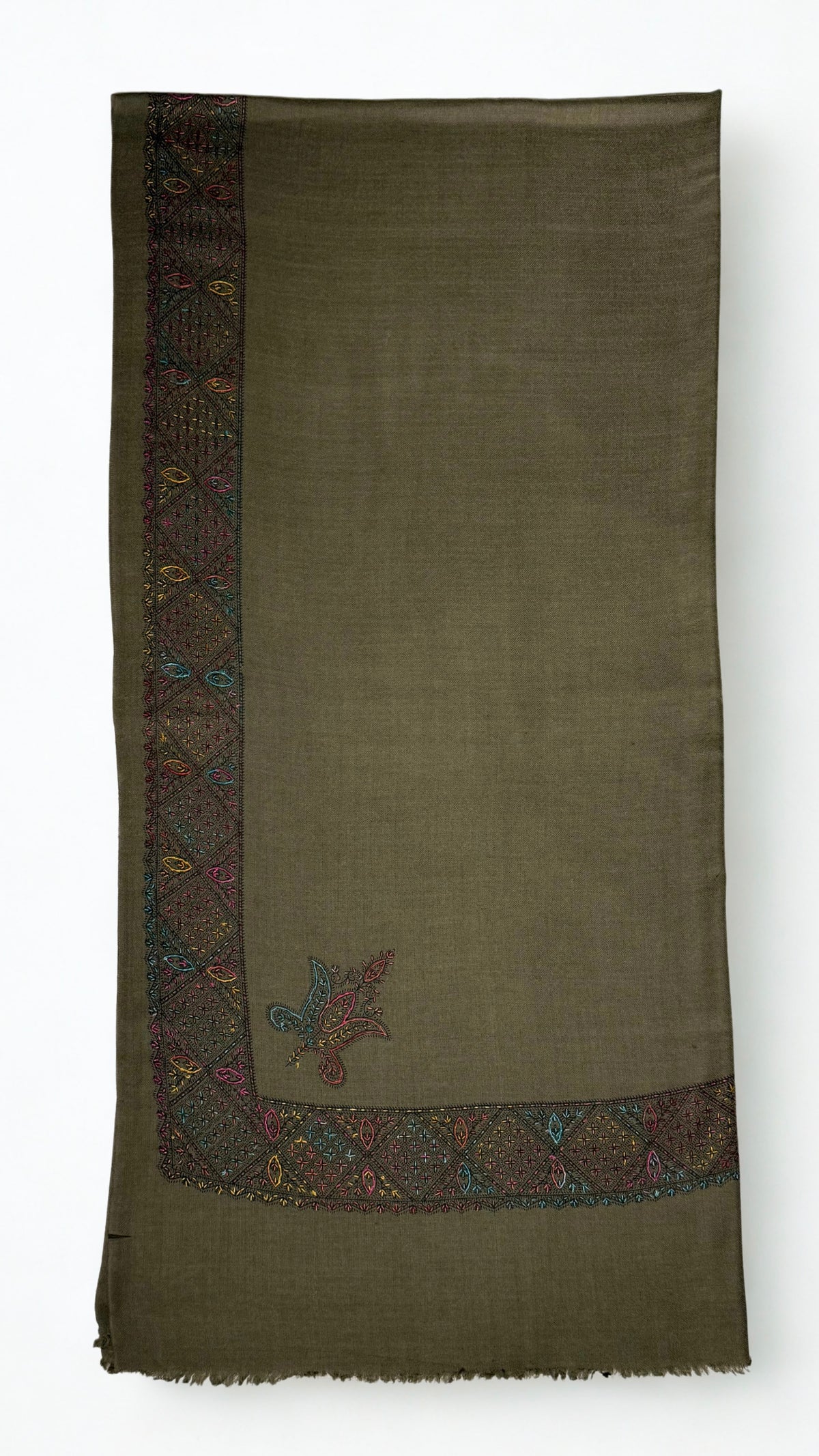 Olive brown Swati Shahtoosh shawl folded flat, the hand-embroidered lattice border running down one edge with a paisley buta on the plain field