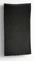 Charcoal black Swati Shahtoosh shawl folded lengthwise, showing the plain field, self-coloured diamond weave and fringed end