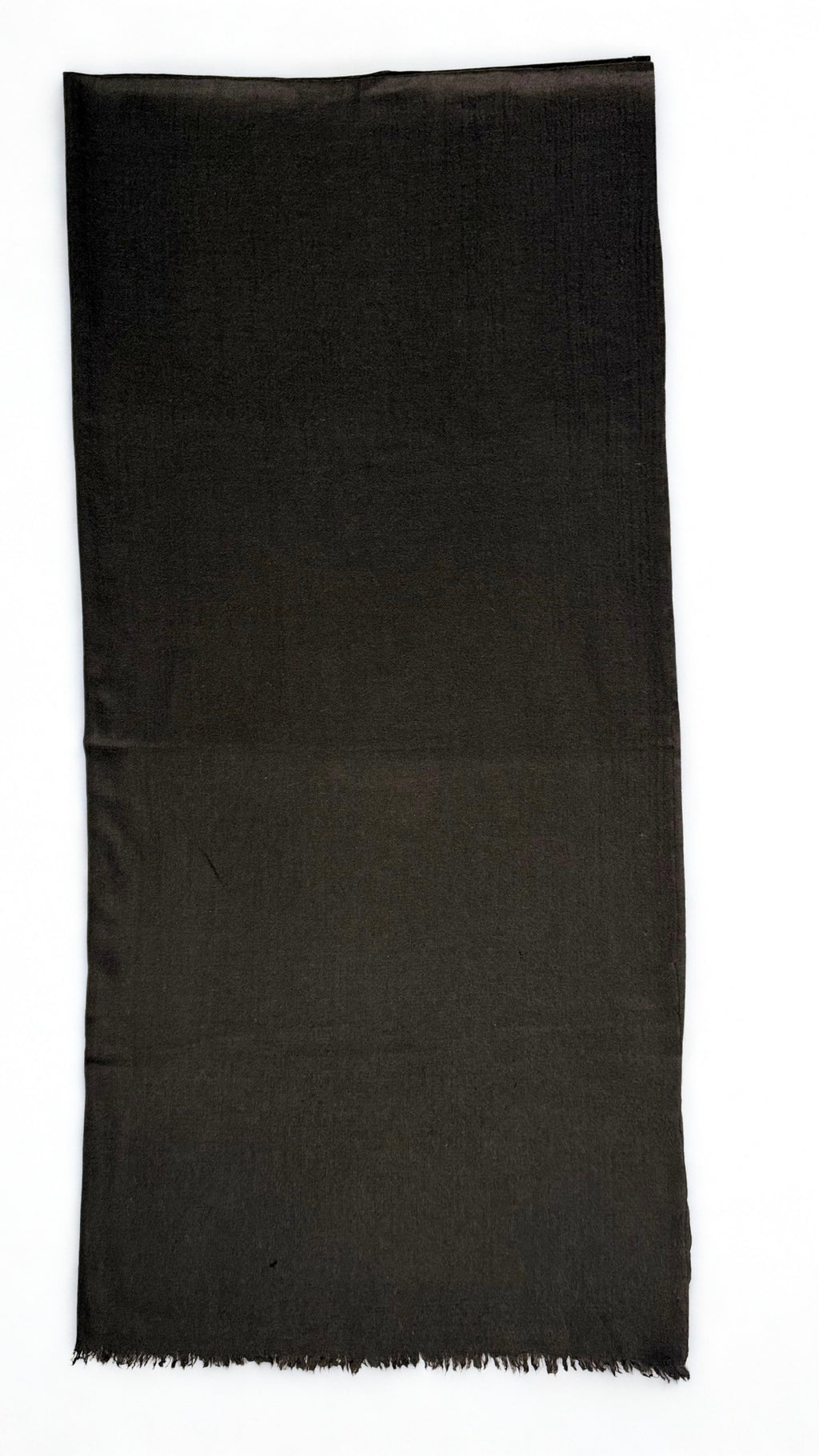 Espresso brown Swati Shahtoosh shawl folded lengthwise, showing the plain field, self-coloured diamond weave and fringed end