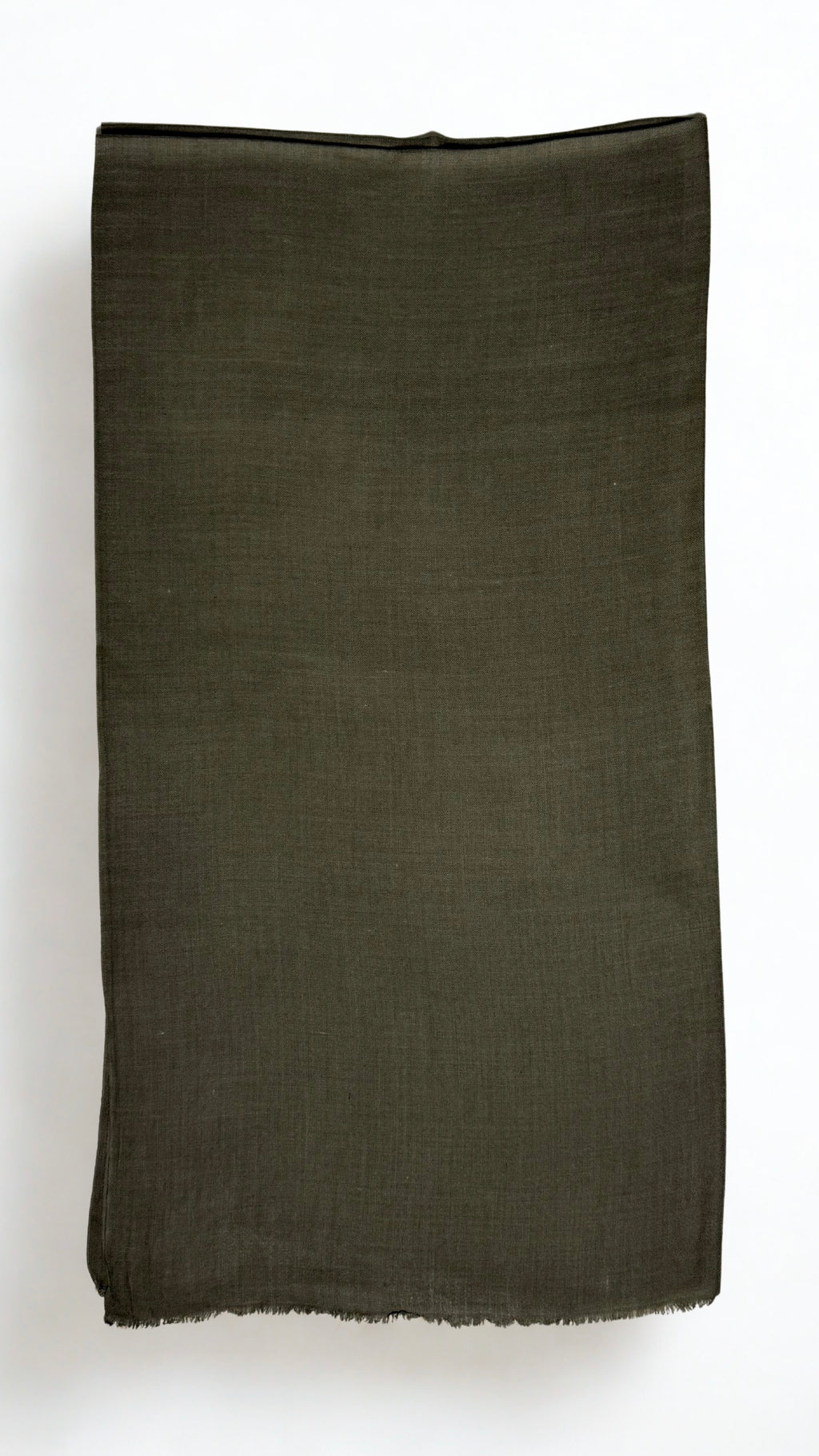 Olive Swati Shahtoosh shawl folded lengthwise, showing the plain field, self-coloured diamond weave and fringed end