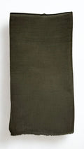 Olive Swati Shahtoosh shawl folded lengthwise, showing the plain field, self-coloured diamond weave and fringed end