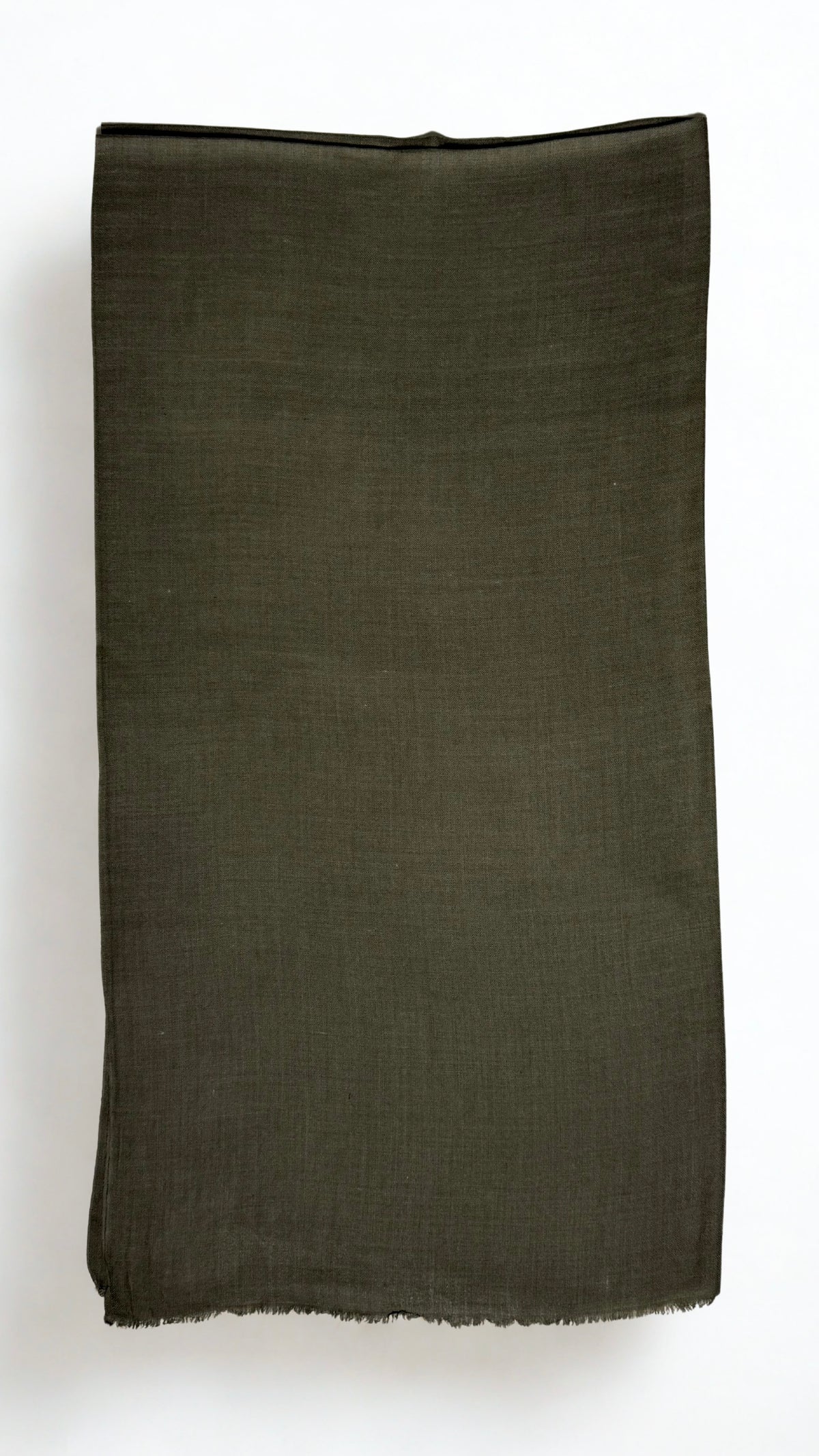 Olive Swati Shahtoosh shawl folded lengthwise, showing the plain field, self-coloured diamond weave and fringed end