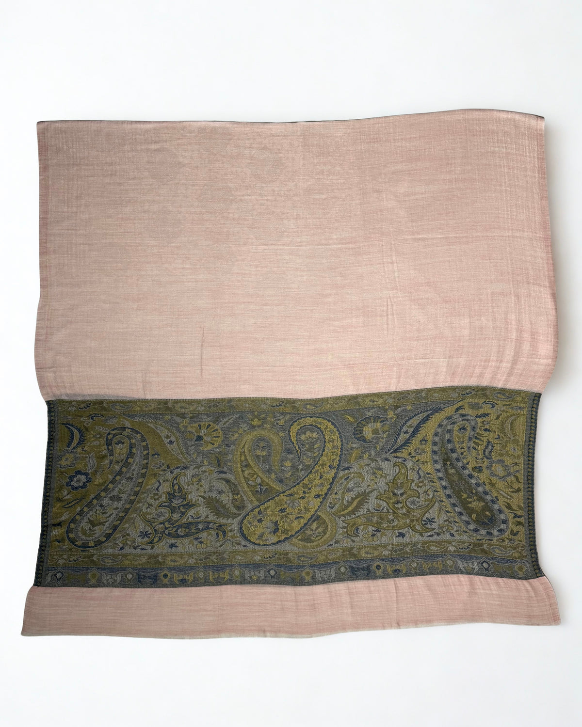 Blush pink Palladar ring shawl spread flat, showing the full woven paisley palla with large curling paisleys in moss green and indigo
