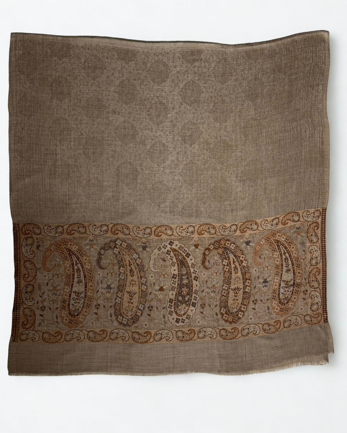 Warm khaki Palladar shawl laid flat, showing a row of five large open paisleys across the copper and cream palla